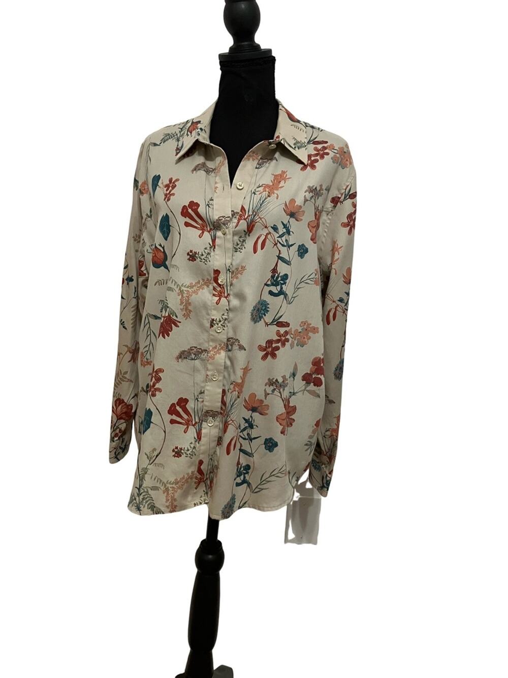 Coldwater Creek Cream Floral Button-Up Blouse with Blue and Rust Accents Size 18